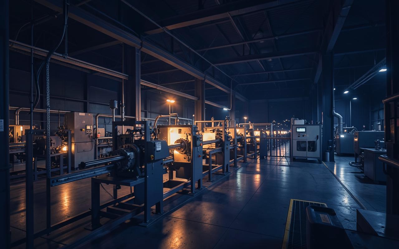 Automated manufacturing line at night lit by amber light