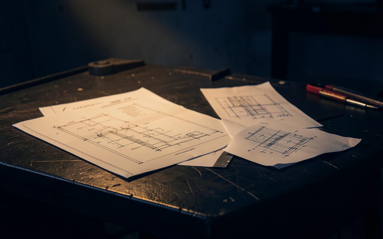 Technical drawings on a dark workbench under warm amber light