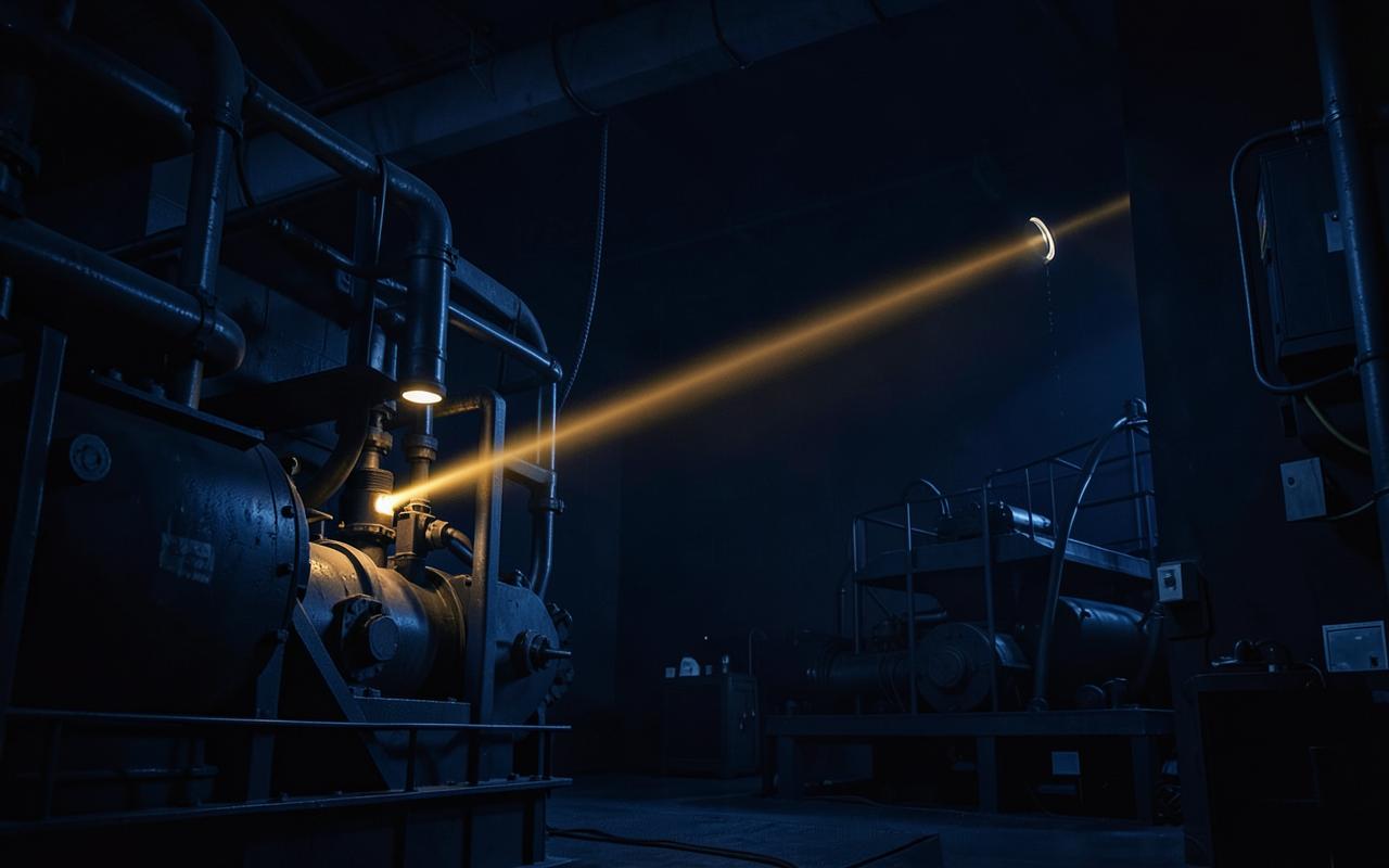 Amber scanning beam sweeping across dark factory machinery