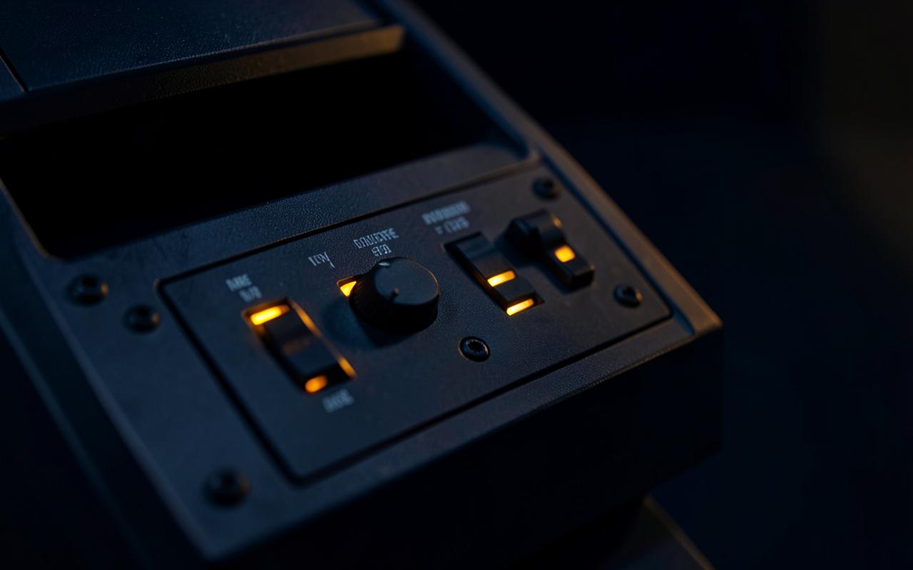 Industrial control panel with amber indicator lights in a dark plant