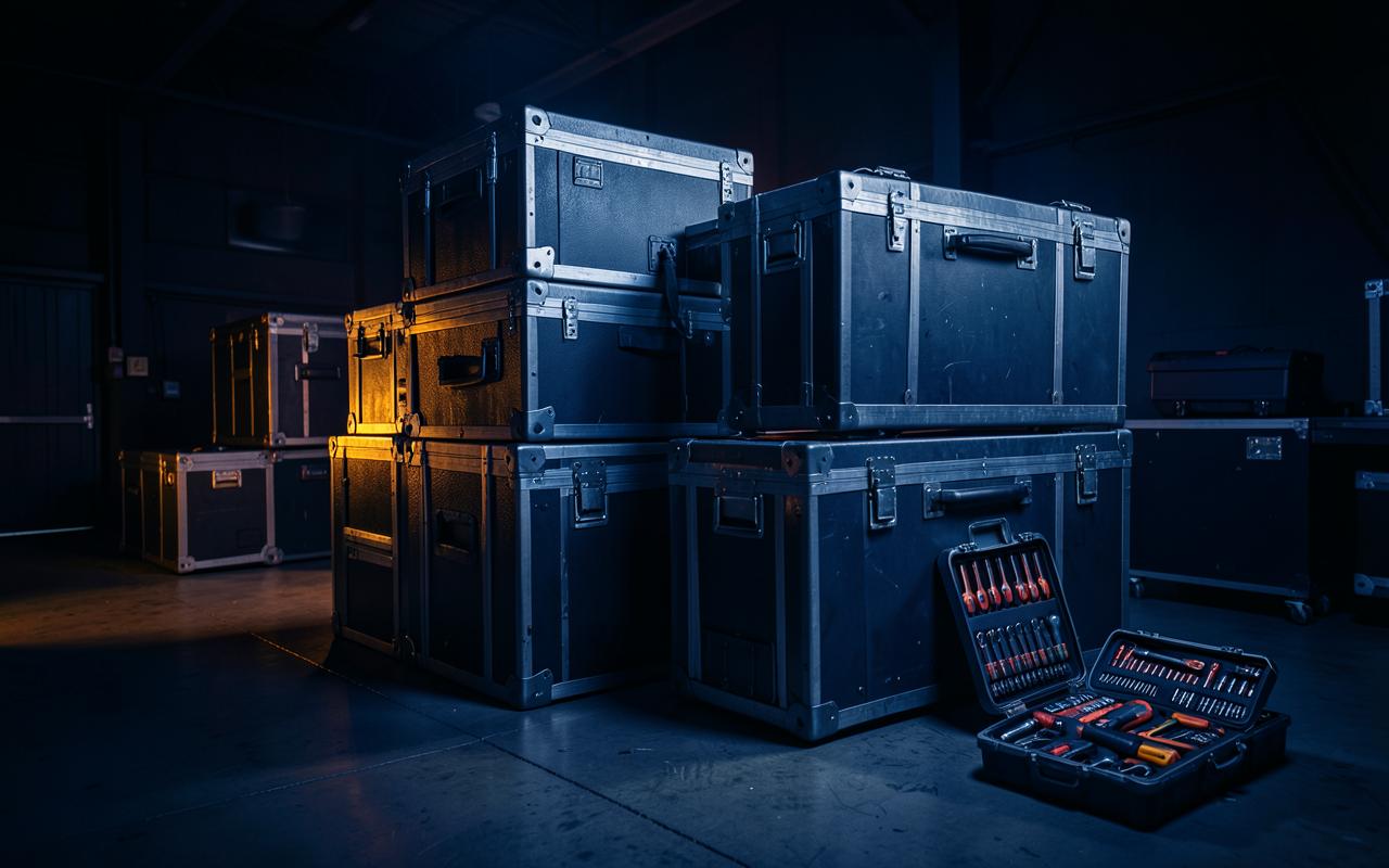 Stacked industrial equipment cases lit by amber light