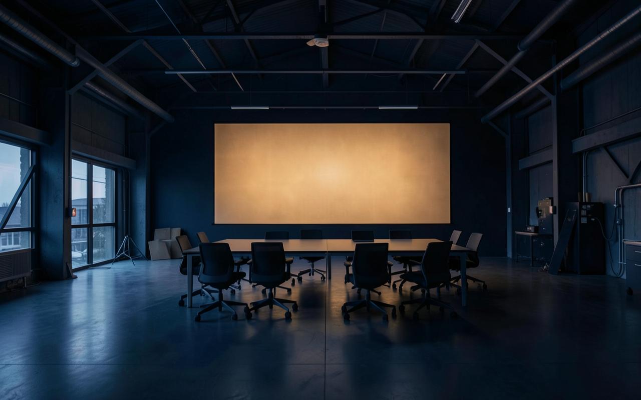 Dark industrial meeting room with an amber-lit screen wall